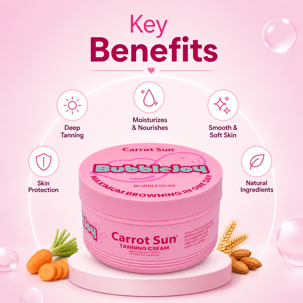 Carrot Sun BubbleJoy Bubblegum Tanning Cream 350ml jar for fast browning and smooth skin with nourishing oils