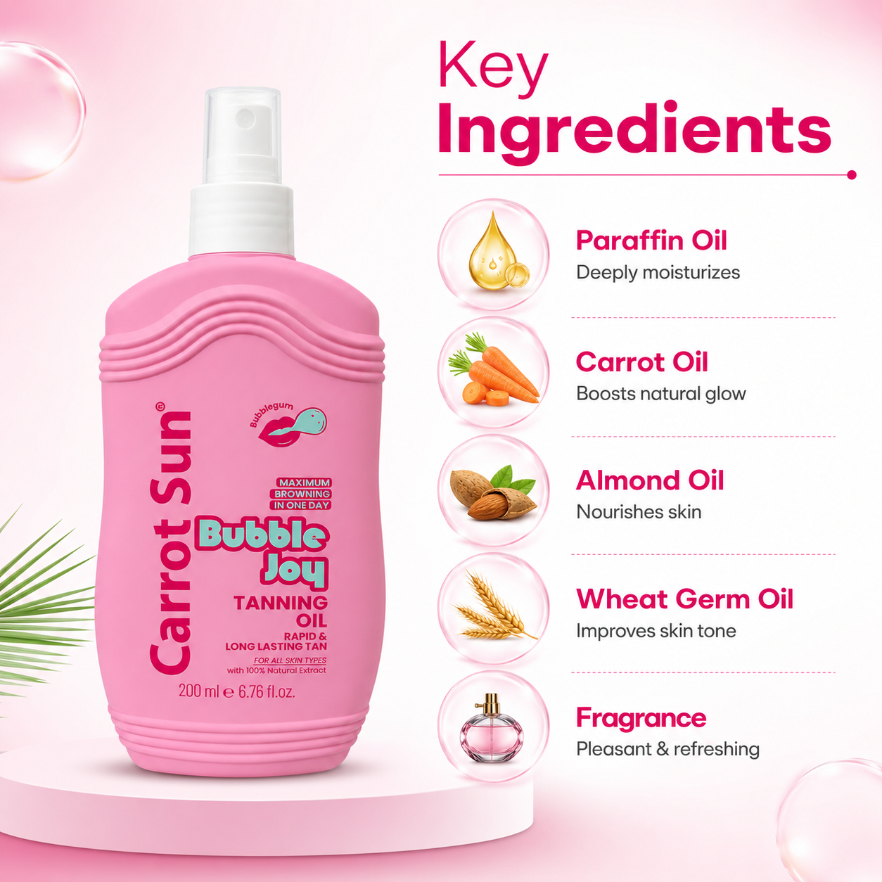 Carrot Sun Bubble Joy Tanning Oil 200ml spray bottle for fast, even bronze tan with lightweight moisturizing formula