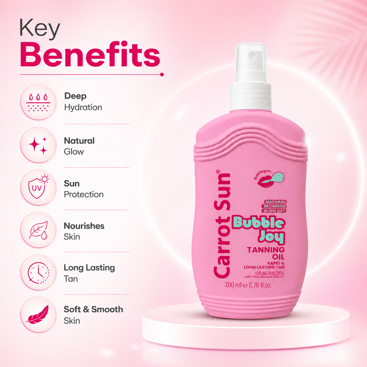 Carrot Sun Bubble Joy Tanning Oil 200ml spray bottle for fast, even bronze tan with lightweight moisturizing formula