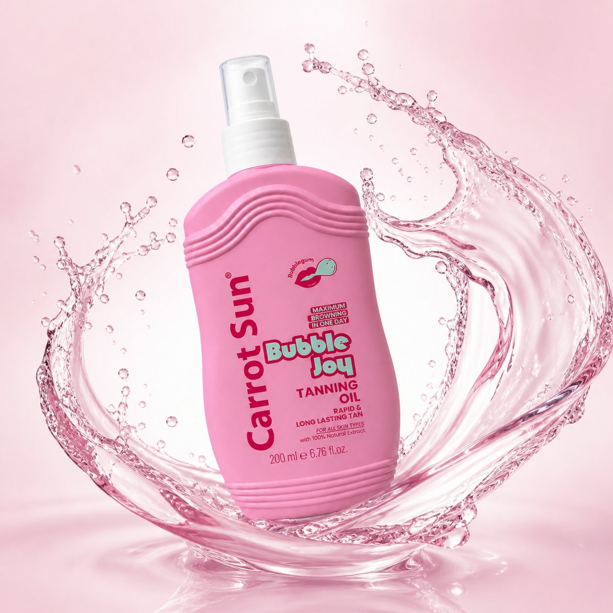Carrot Sun Bubble Joy Tanning Oil 200ml spray bottle for fast, even bronze tan with lightweight moisturizing formula