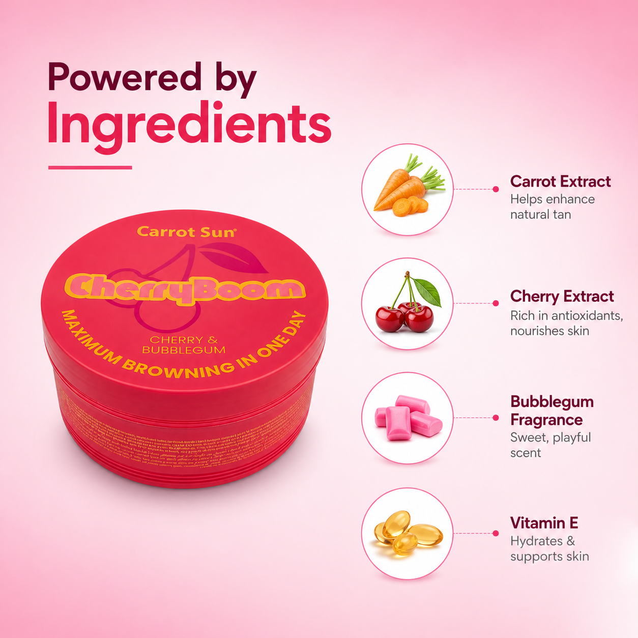 Carrot Sun CherryBoom Cherry & Bubblegum tanning cream 350ml jar for fast browning and deep tan with moisturizing formula