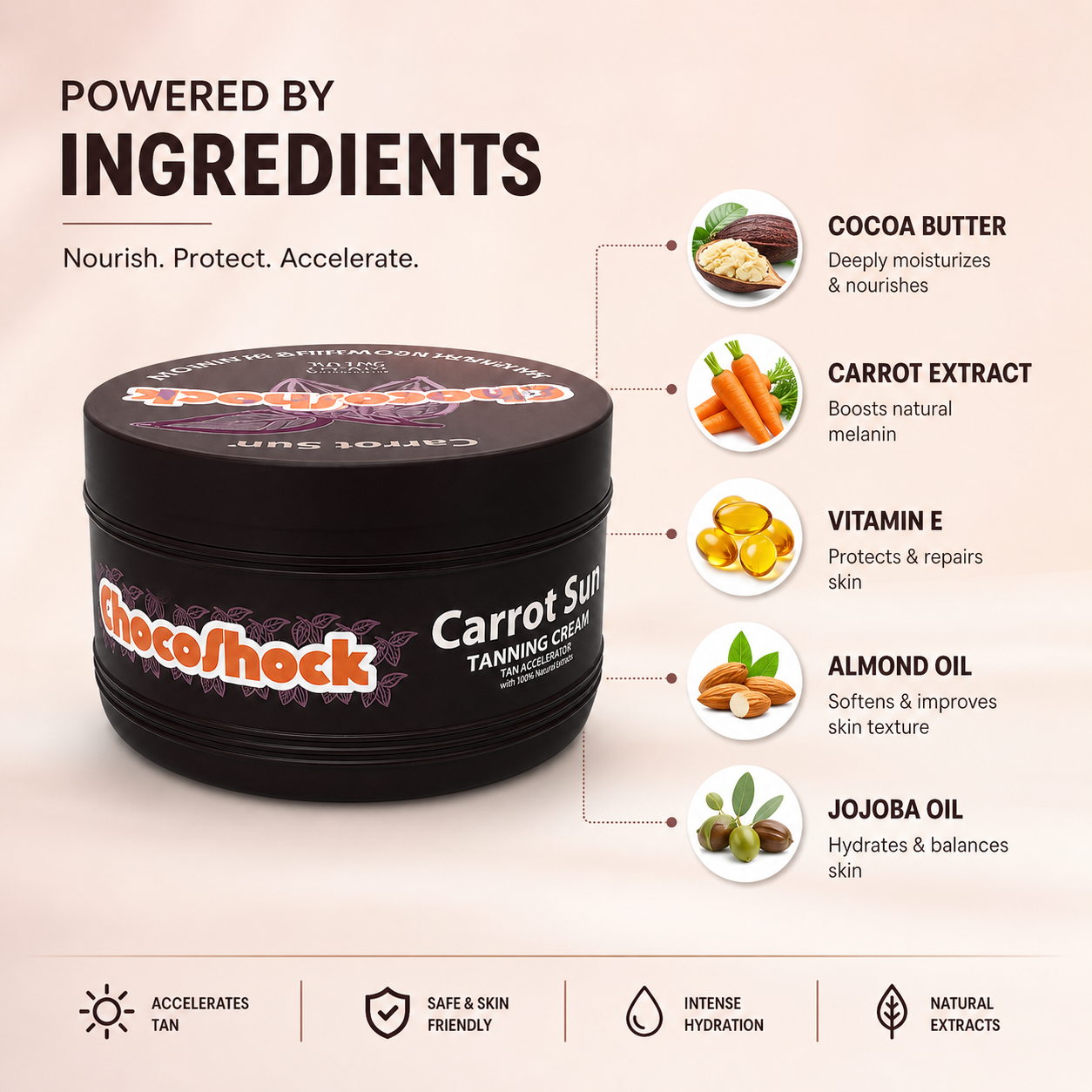 Carrot Sun ChocoShock Tanning Cream 350ml jar, body tanning cream for faster deep bronze tan with nourishing cocoa butter formula
