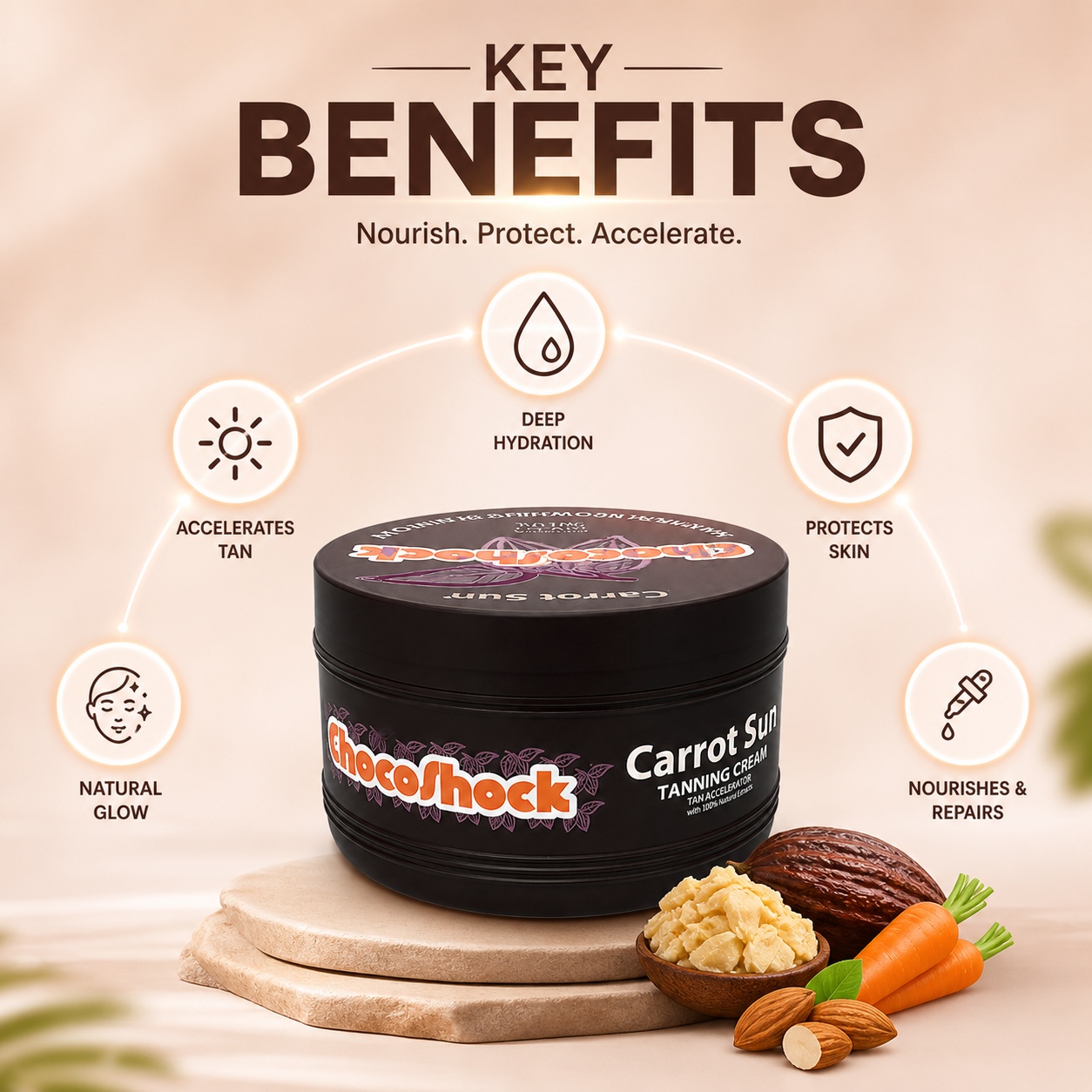 Carrot Sun ChocoShock Tanning Cream 350ml jar, body tanning cream for faster deep bronze tan with nourishing cocoa butter formula