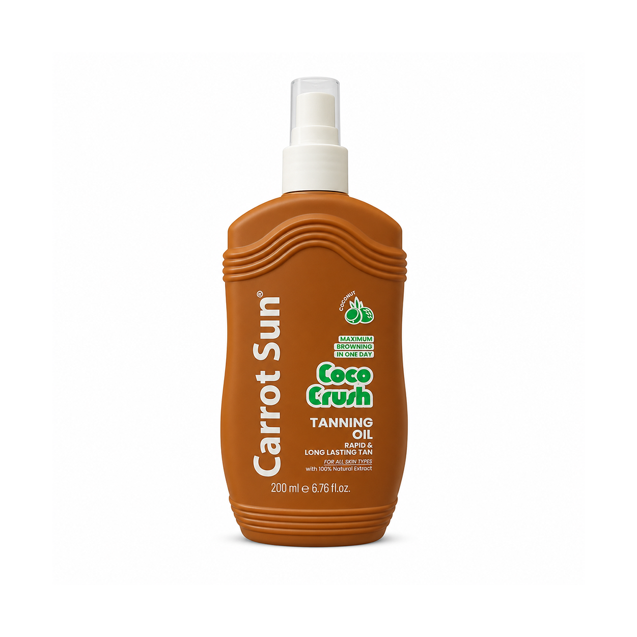 Carrot Sun Coco Crush Tanning Oil spray 200ml bottle for fast bronzing and smooth, even tan with nourishing oils