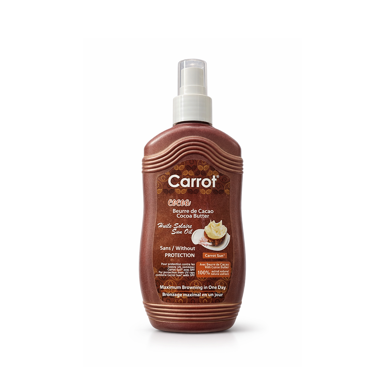 Carrot Sun Cocoa Butter Tanning Oil 200ml bottle, fast bronzing sun oil for deep tan and smooth skin finish
