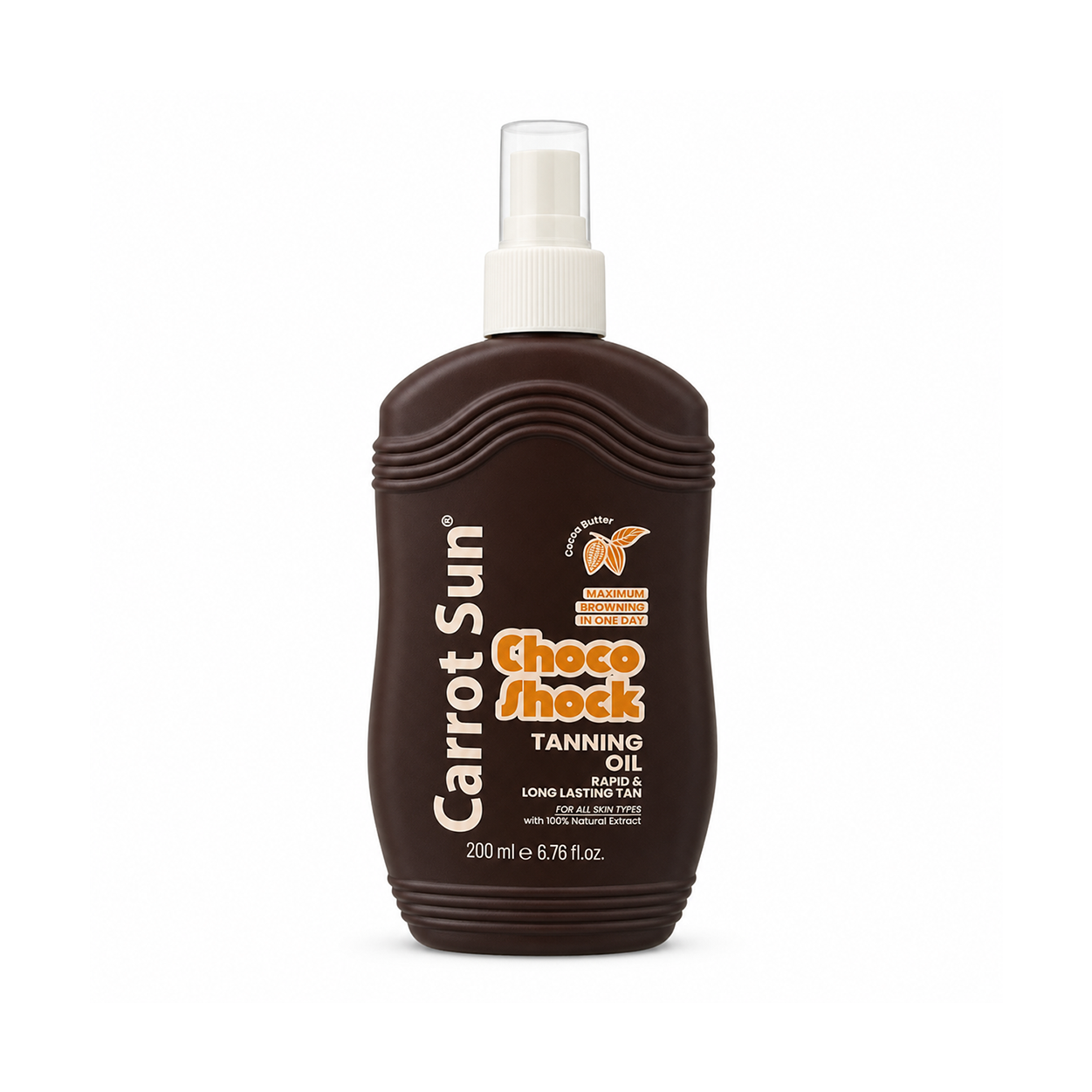 Carrot Sun Cocoa Butter Tanning Oil 200ml bottle, fast bronzing sun oil for deep tan and smooth skin finish