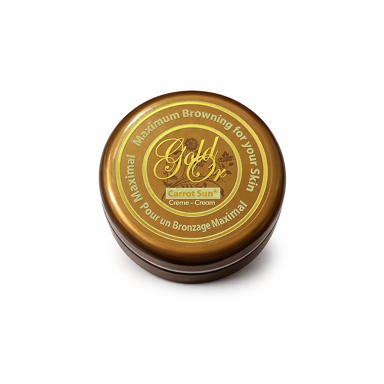 Carrot Sun Gold Tanning Cream bronzing cream jar for fast deep tan with nourishing oils, round container design visible