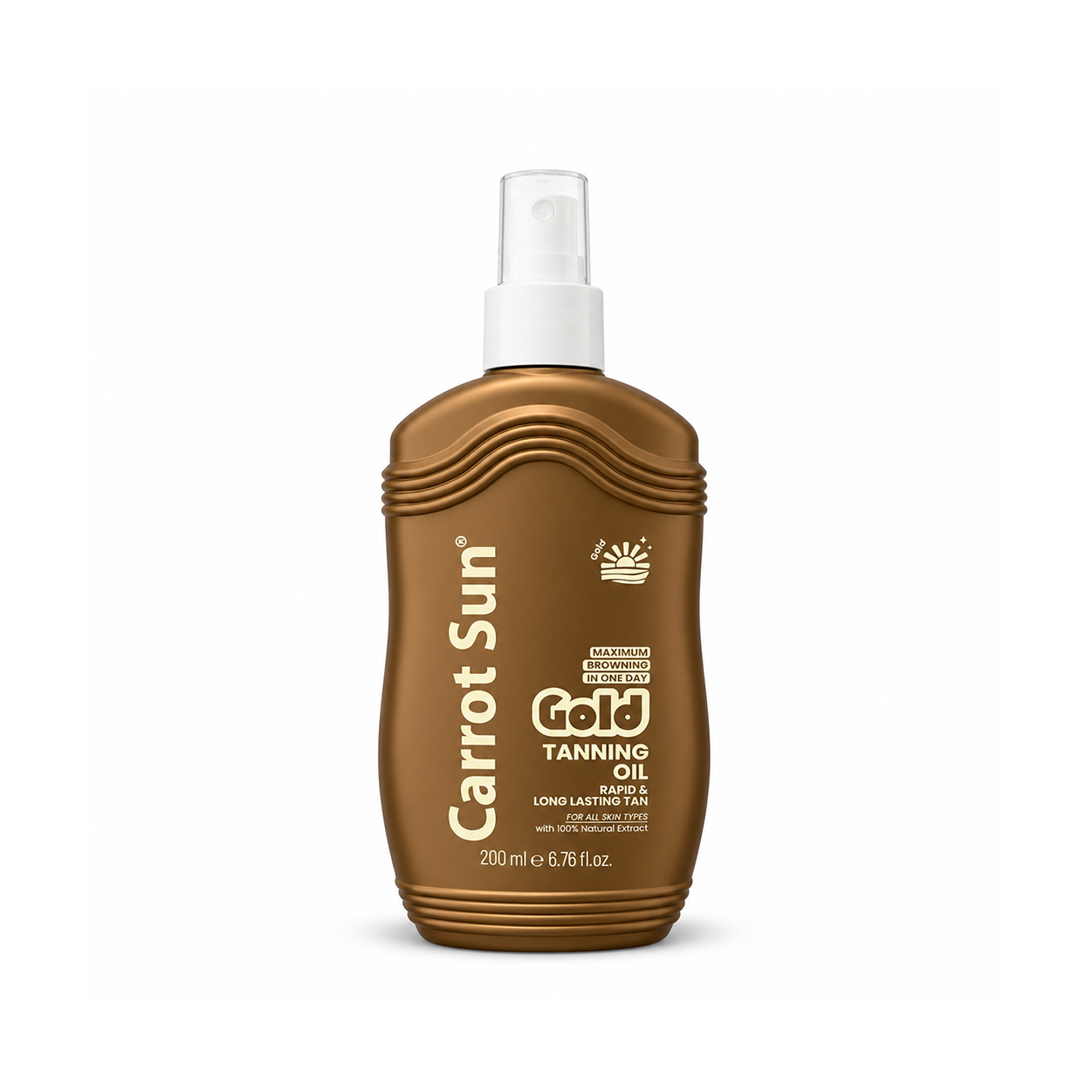 Carrot Sun Gold Tanning Oil 200ml spray bottle for fast deep bronze tanning with lightweight nourishing oil formula
