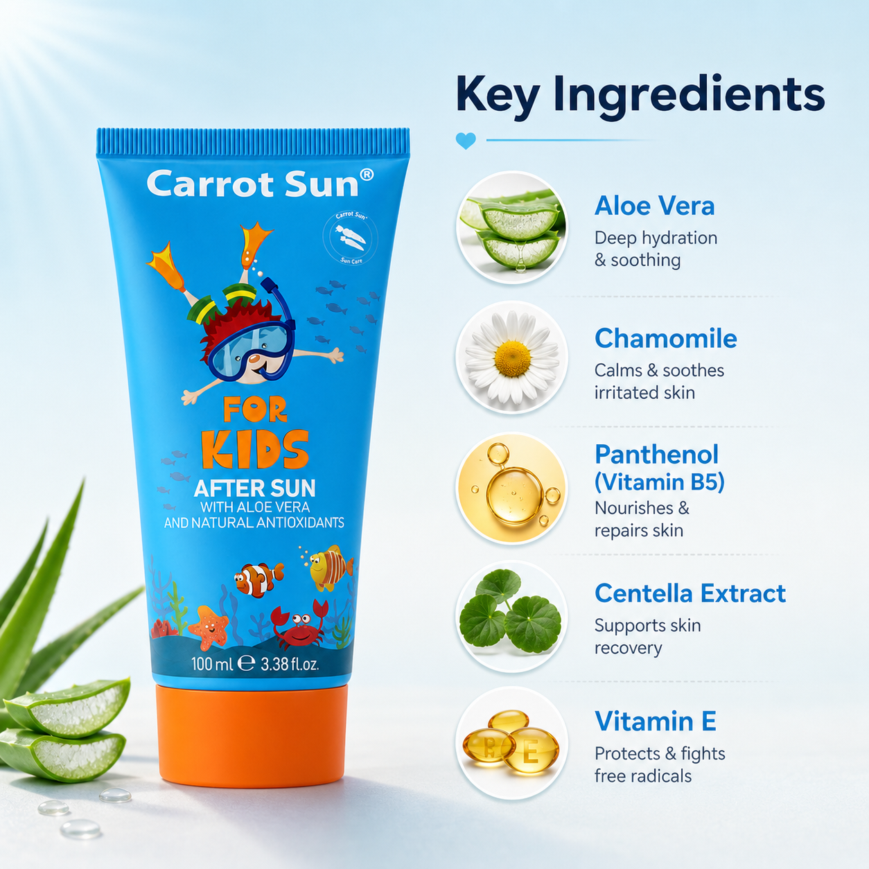 Carrot Sun Kids After Sun Gel Cream 100ml tube for soothing and hydrating sun-exposed skin in children