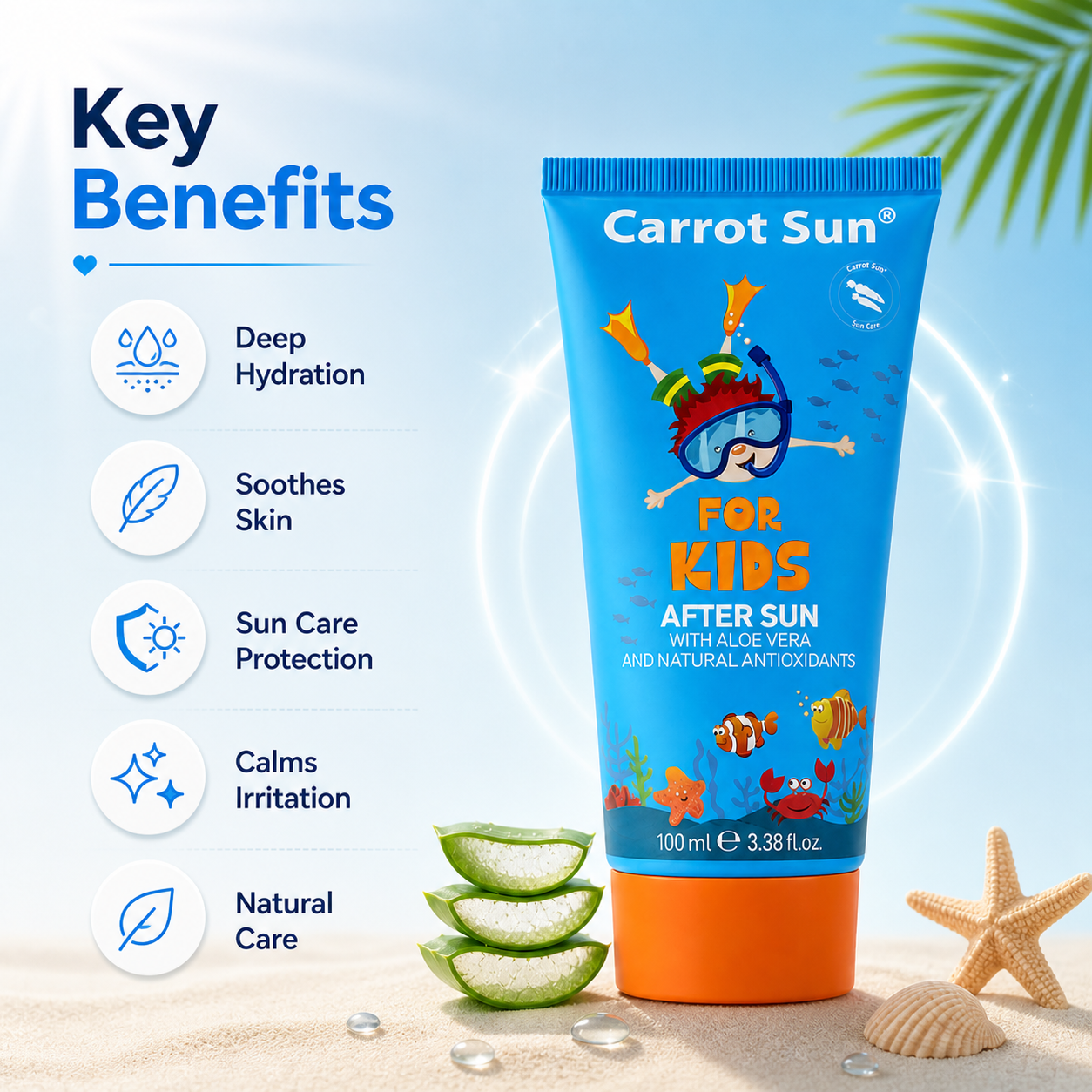 Carrot Sun Kids After Sun Gel Cream 100ml tube for soothing and hydrating sun-exposed skin in children