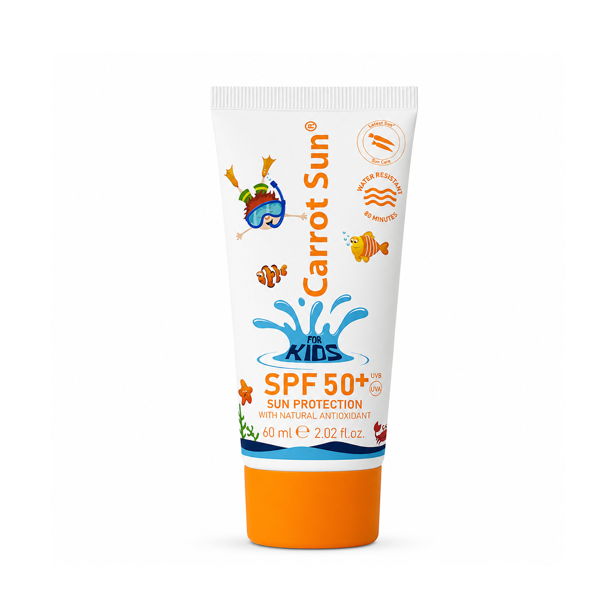 Carrot Sun Kids SPF 50+ Sunscreen Cream 60ml tube providing water resistant UV protection for sensitive children skin