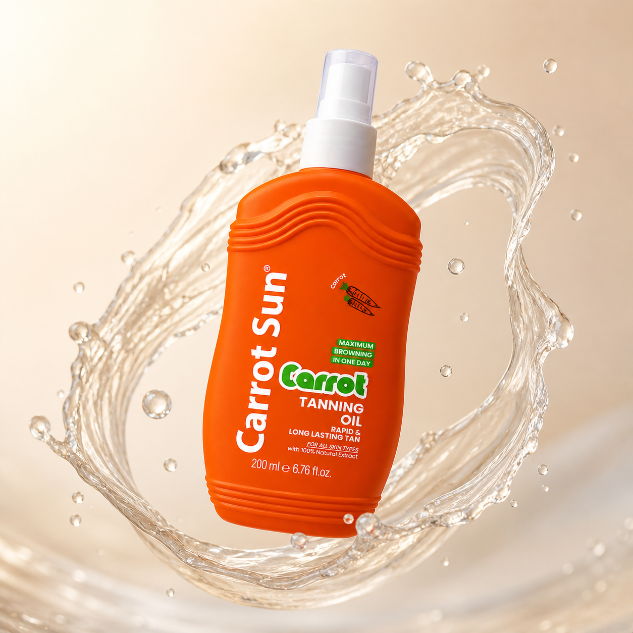 Carrot Sun Oil 200ml tanning oil bottle for fast bronzing and deep tan with carrot extract and nourishing oils