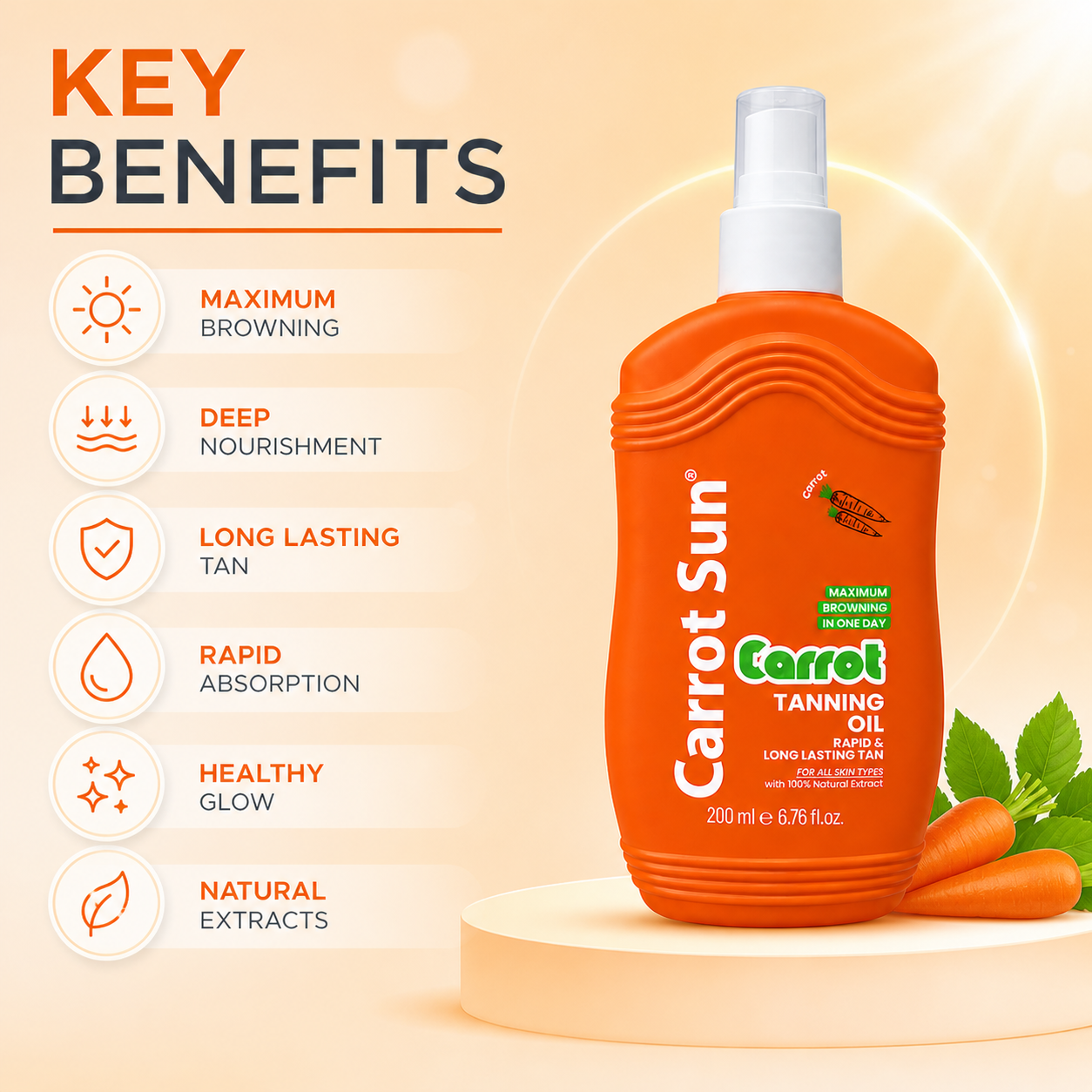 Carrot Sun Oil 200ml tanning oil bottle for fast bronzing and deep tan with carrot extract and nourishing oils