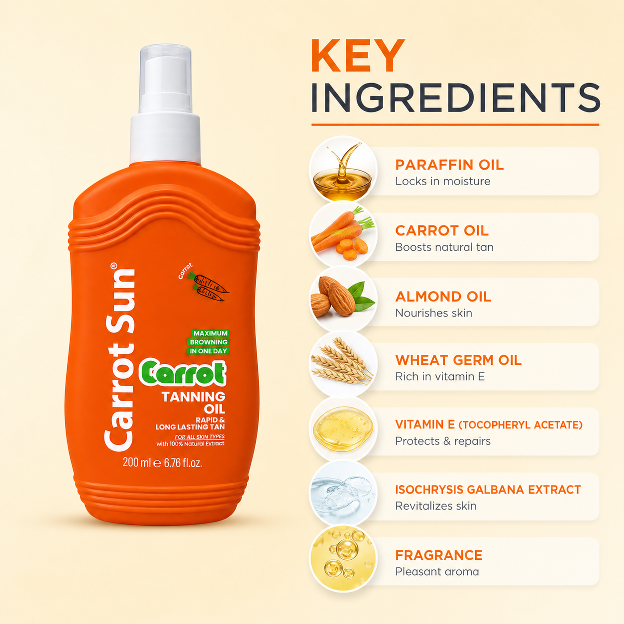 Carrot Sun Oil 200ml tanning oil bottle for fast bronzing and deep tan with carrot extract and nourishing oils