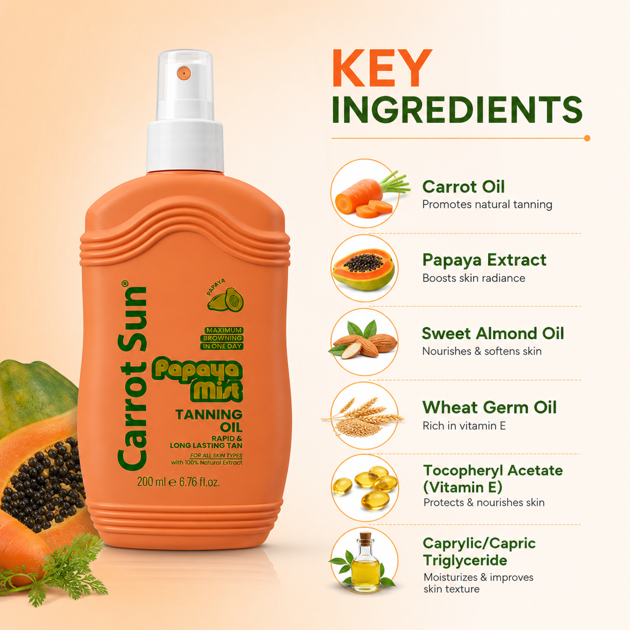 Carrot Sun Papaya Sun Oil 200ml tanning oil bottle for fast bronzing and smooth skin finish