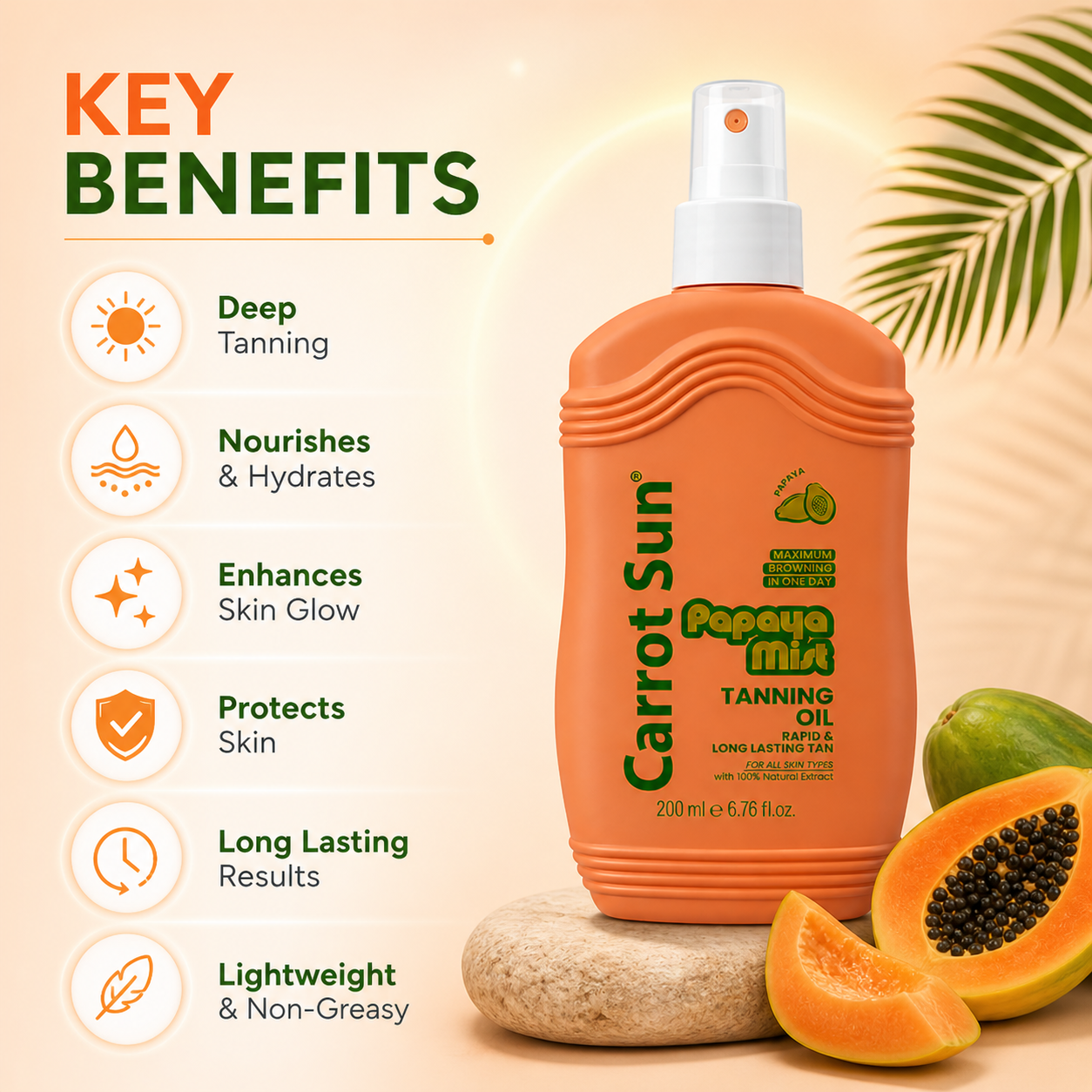 Carrot Sun Papaya Sun Oil 200ml tanning oil bottle for fast bronzing and smooth skin finish