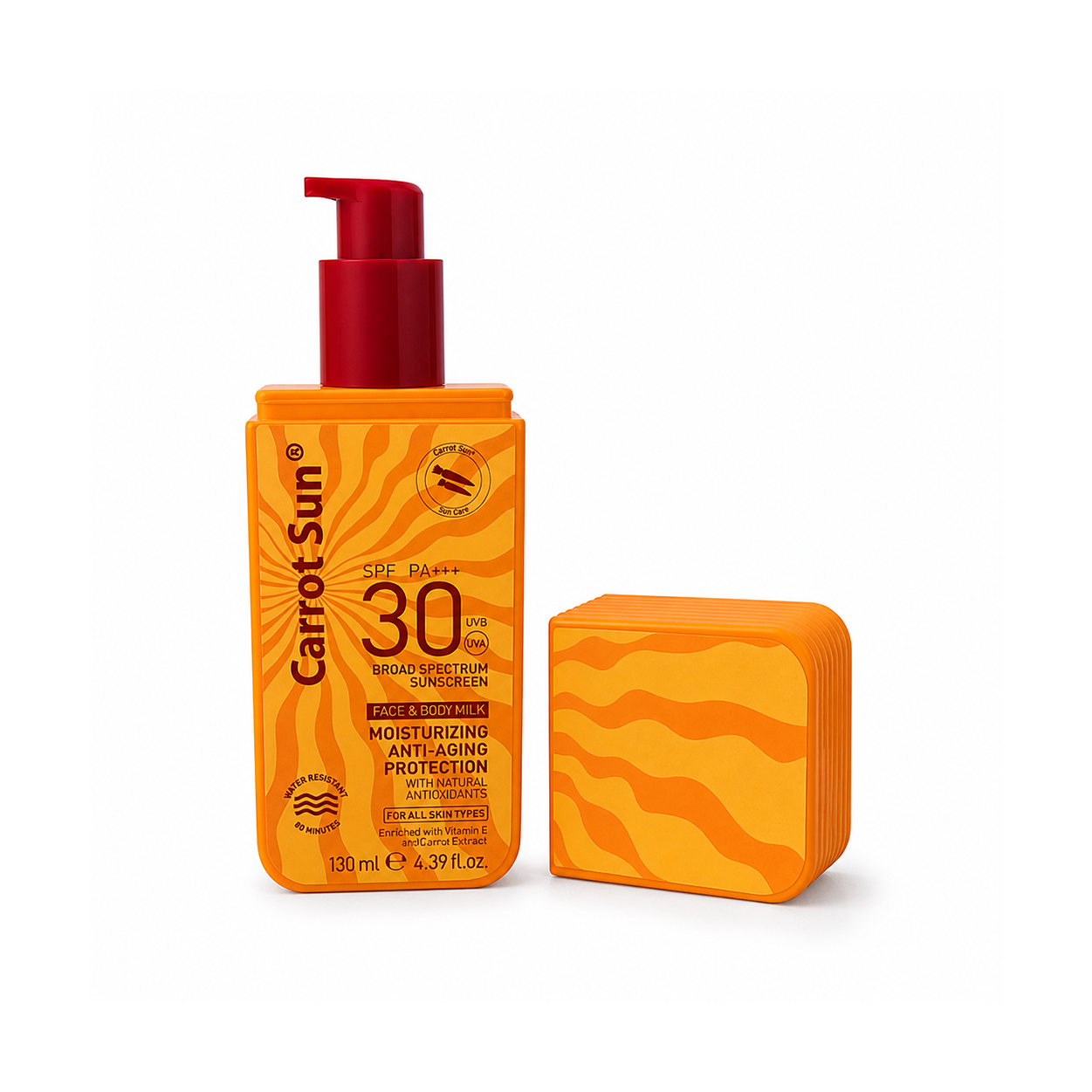 Carrot Sun SPF 30 PA+++ Broad Spectrum Sunscreen face and body milk 130ml bottle with moisturizing anti-aging UV protection