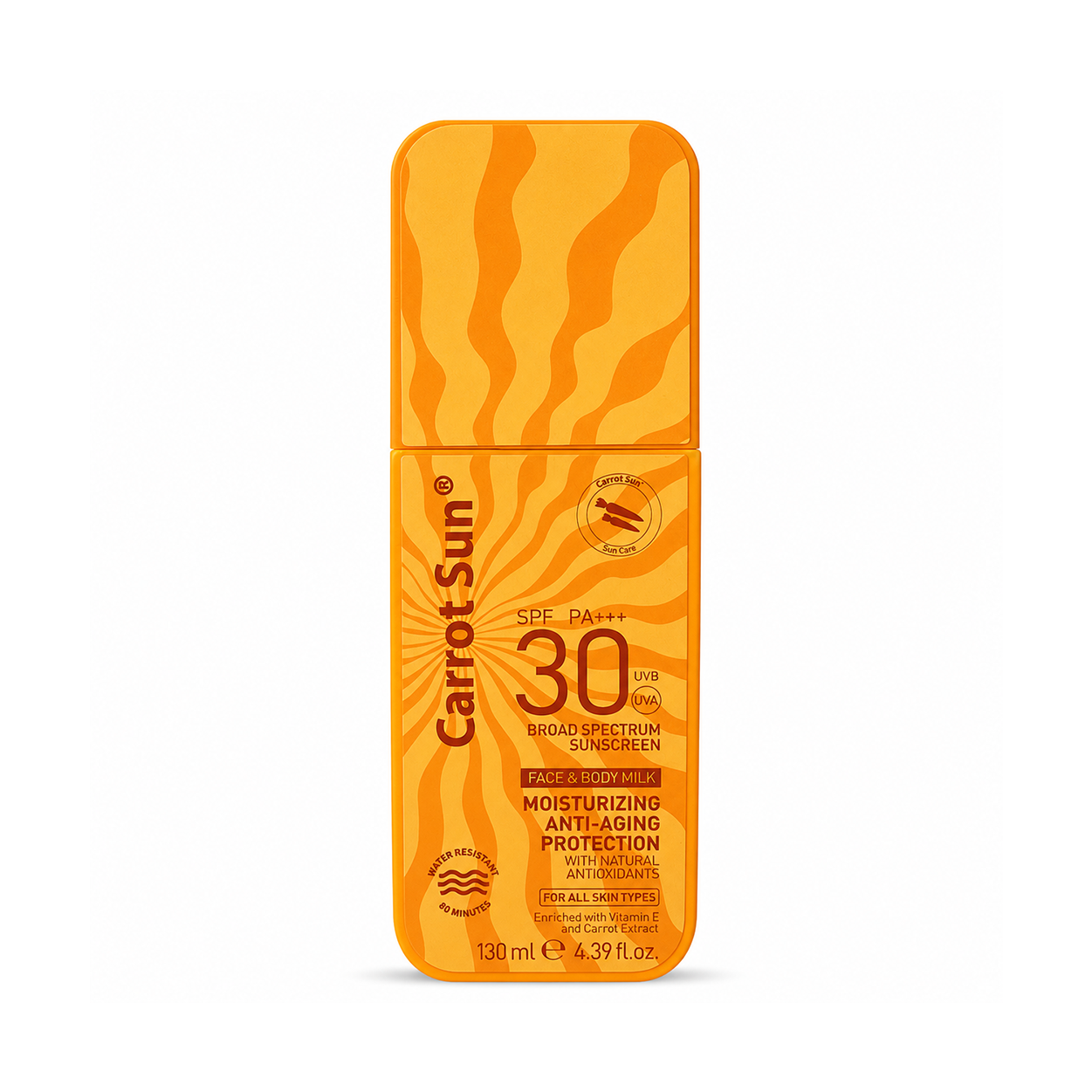 Carrot Sun SPF 30 PA+++ Broad Spectrum Sunscreen face and body milk 130ml bottle with moisturizing anti-aging UV protection