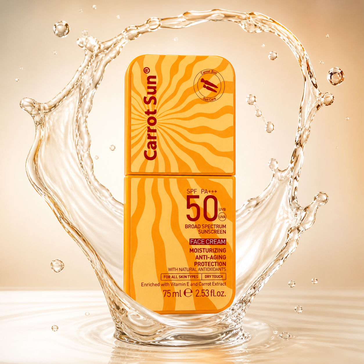 Carrot Sun SPF 50 Broad Spectrum Sunscreen Face Cream 75ml with moisturizing anti-aging protection for daily UV defense