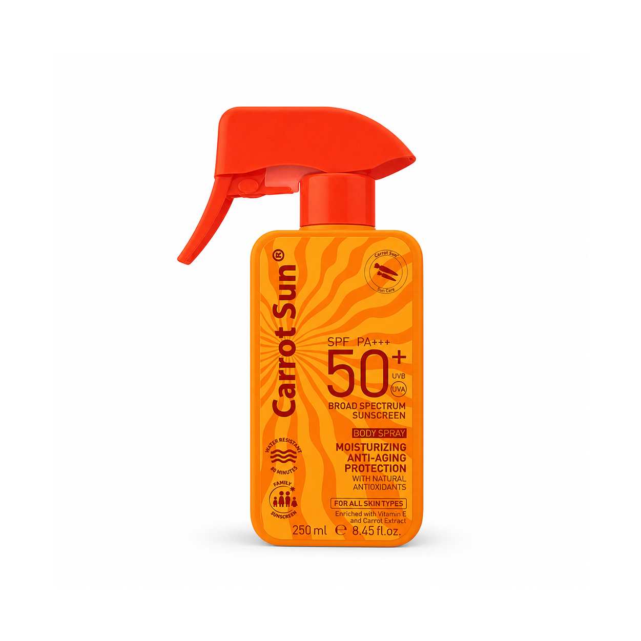 Carrot Sun SPF 50+ PA+++ Broad Spectrum Sunscreen Body Spray 250ml with lightweight UV protection and moisturizing formula