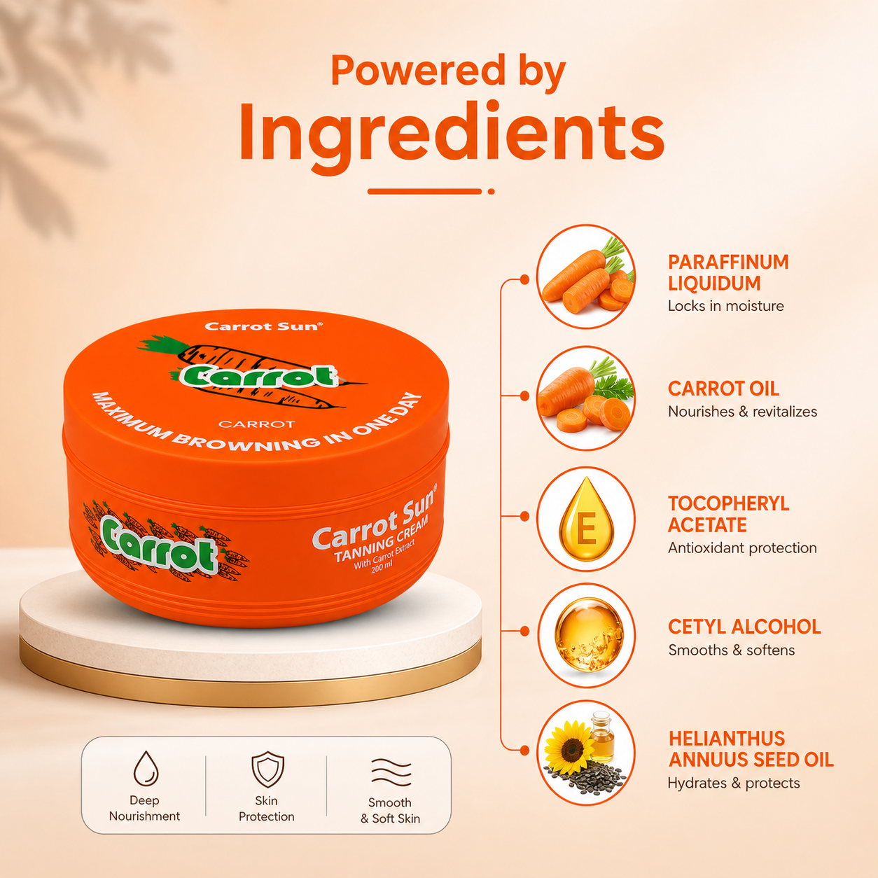 Carrot Sun Tanning Cream 200ml orange jar, fast tanning cream for achieving an even bronze glow while keeping skin soft during sun exposure