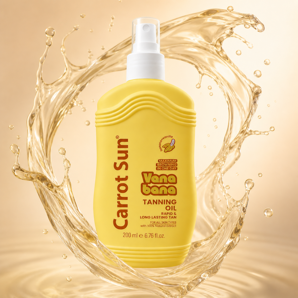 Carrot Sun Vana Bana Tanning Oil spray 200ml bottle for fast deep bronze tan and smooth even skin finish