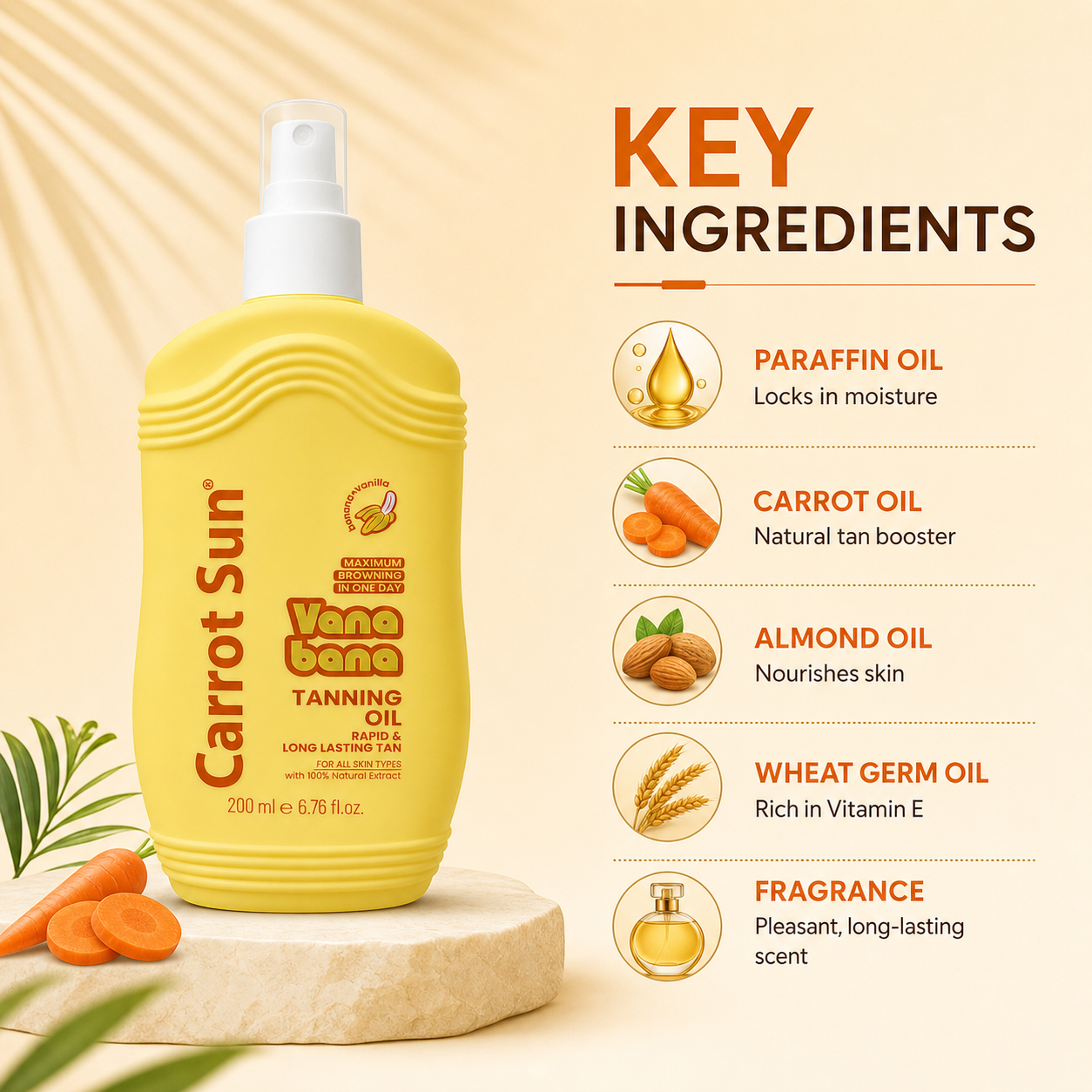 Carrot Sun Vana Bana Tanning Oil spray 200ml bottle for fast deep bronze tan and smooth even skin finish