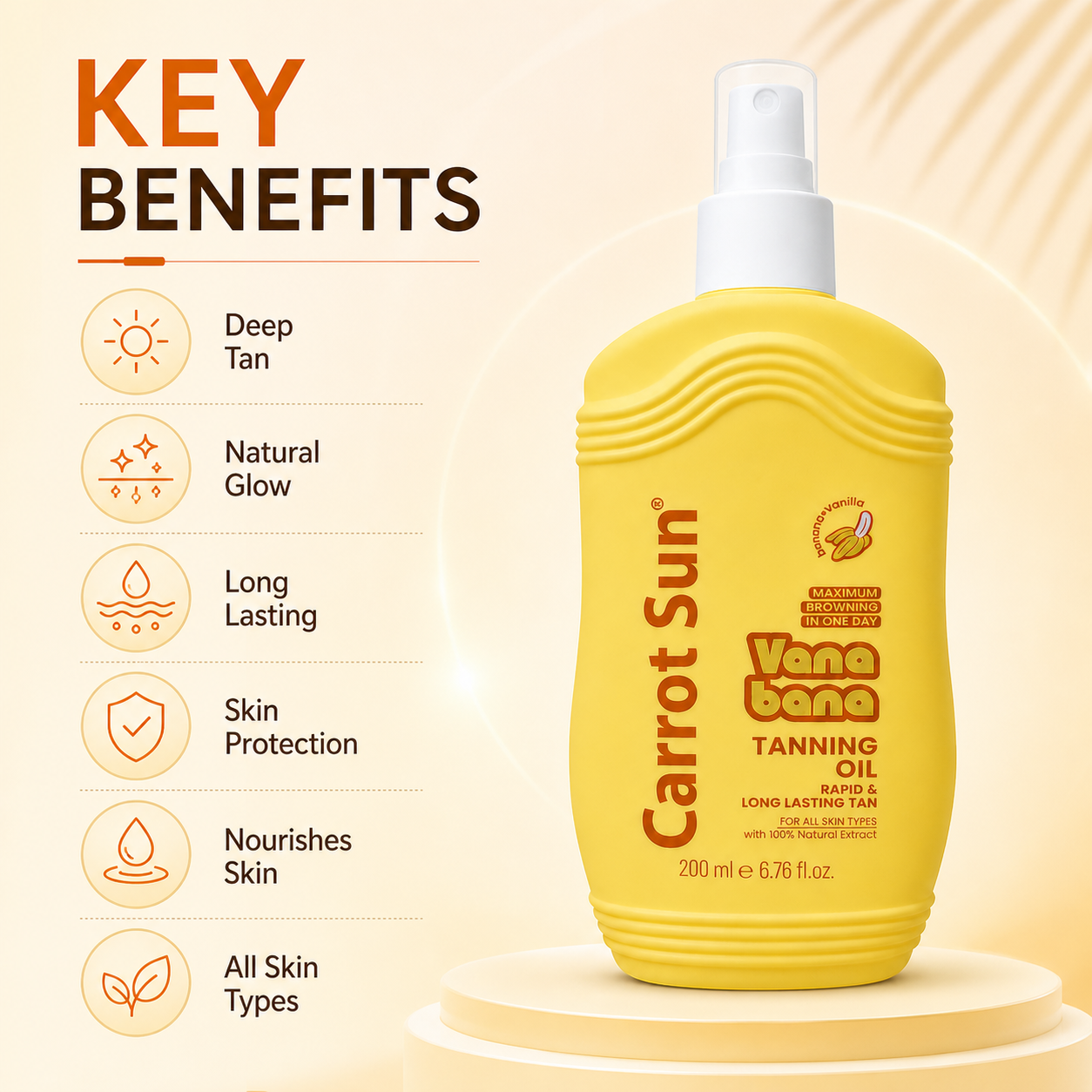 Carrot Sun Vana Bana Tanning Oil spray 200ml bottle for fast deep bronze tan and smooth even skin finish