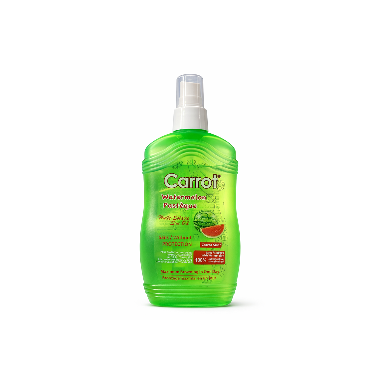 Carrot Sun Watermelon Tanning Oil 200ml bottle for fast bronzing and deep tan with watermelon extract and nourishing oils