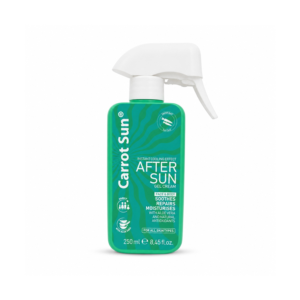 Carrot Sun After Sun Gel Cream spray bottle 250ml, lightweight cooling after sun gel for soothing and repairing sun-exposed skin