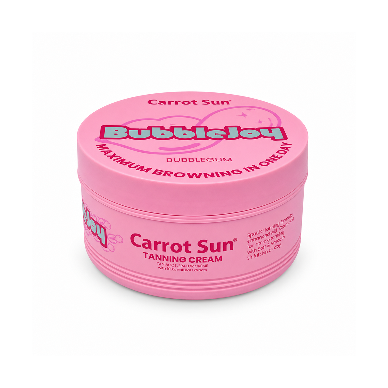 Carrot Sun BubbleJoy Bubblegum Tanning Cream 350ml jar for fast browning and smooth skin with nourishing oils