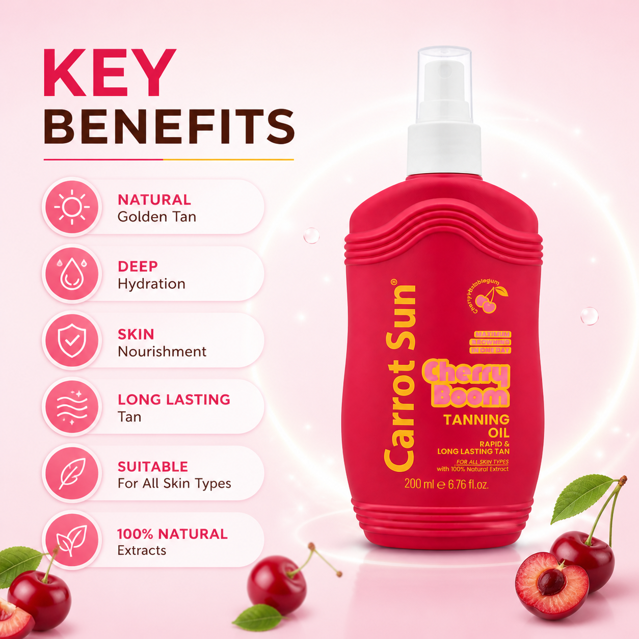 Carrot Sun Cherry Boom Tanning Oil spray 200ml for rapid deep bronze tan and smooth even skin finish