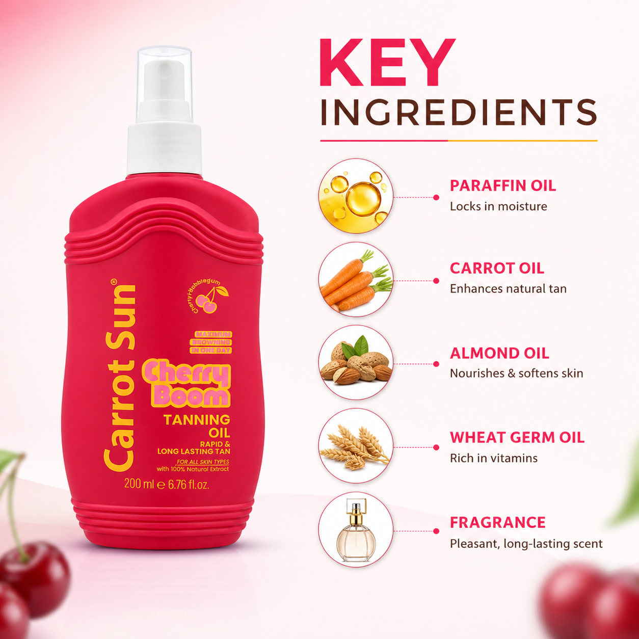 Carrot Sun Cherry Boom Tanning Oil spray 200ml for rapid deep bronze tan and smooth even skin finish