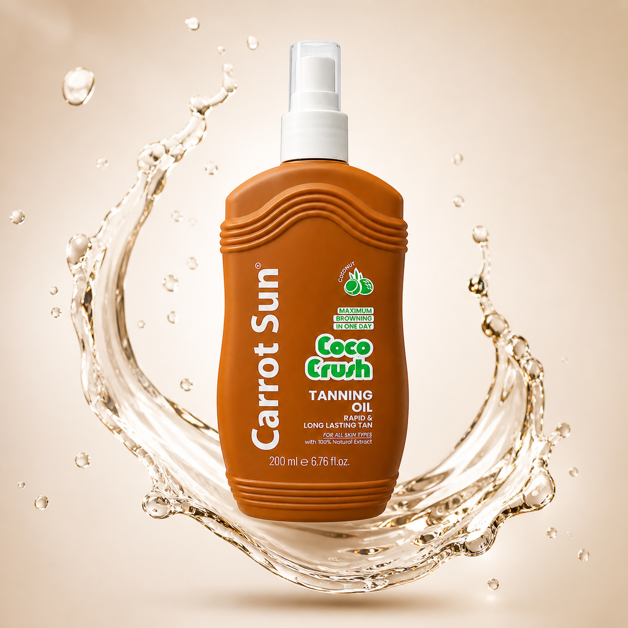 Carrot Sun Coco Crush Tanning Oil spray 200ml bottle for fast bronzing and smooth, even tan with nourishing oils