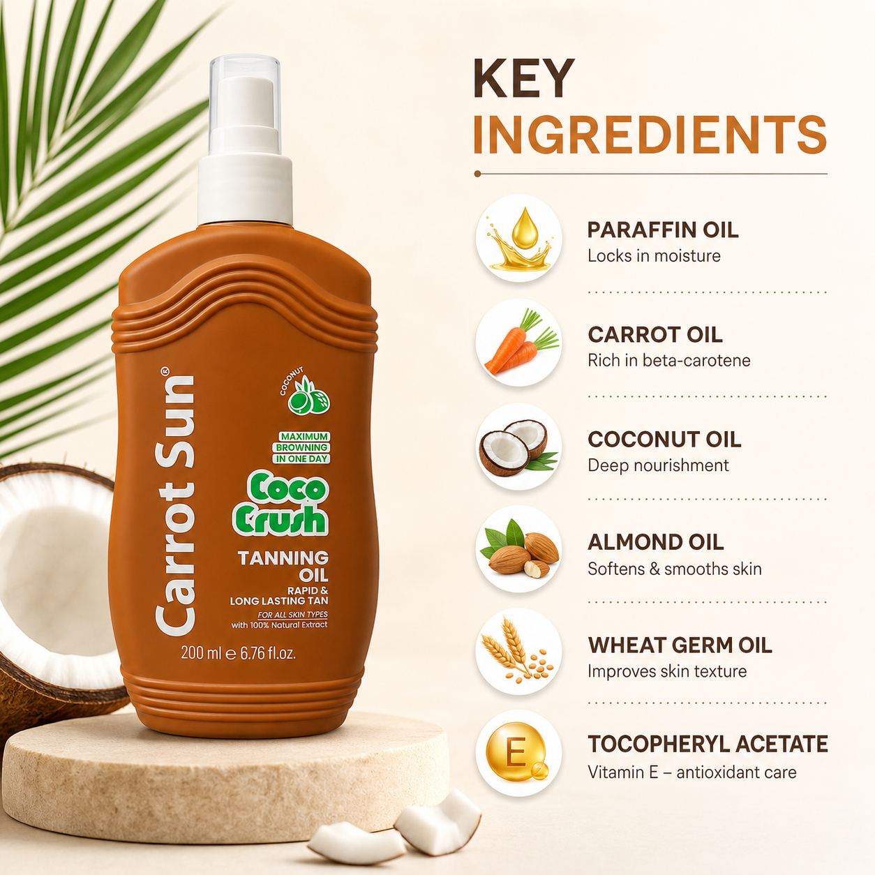 Carrot Sun Coco Crush Tanning Oil spray 200ml bottle for fast bronzing and smooth, even tan with nourishing oils
