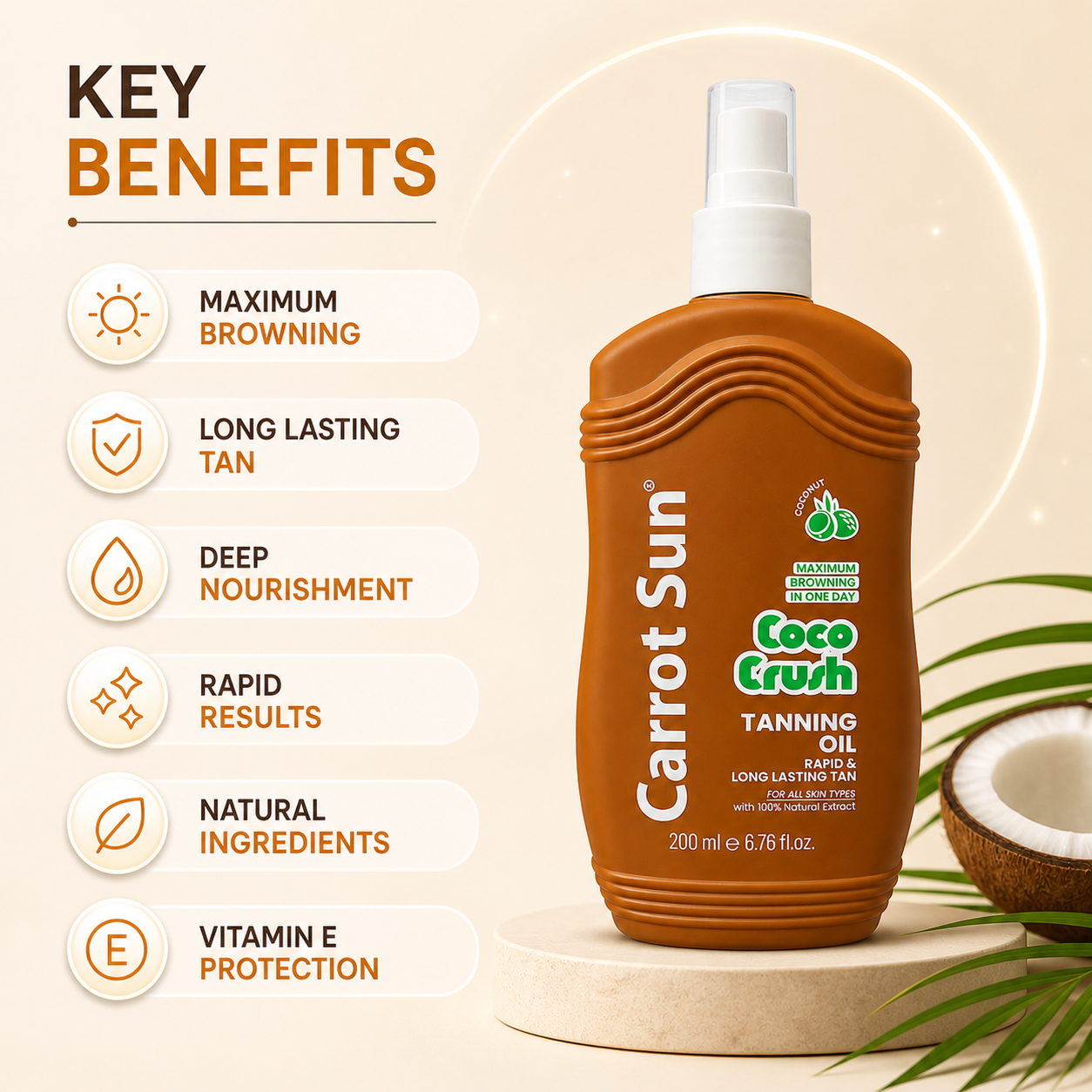 Carrot Sun Coco Crush Tanning Oil spray 200ml bottle for fast bronzing and smooth, even tan with nourishing oils