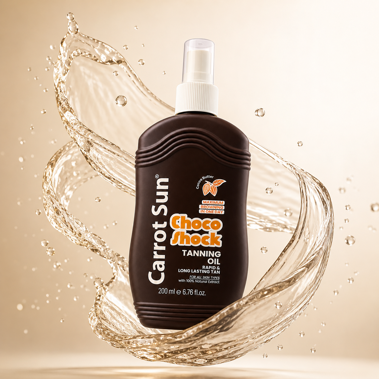 Carrot Sun Cocoa Butter Tanning Oil 200ml bottle, fast bronzing sun oil for deep tan and smooth skin finish