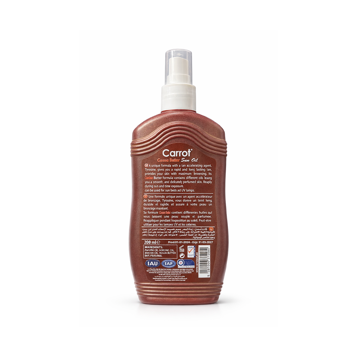 Carrot Sun Cocoa Butter Tanning Oil 200ml bottle, fast bronzing sun oil for deep tan and smooth skin finish