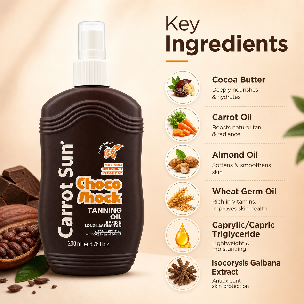 Carrot Sun Cocoa Butter Tanning Oil 200ml bottle, fast bronzing sun oil for deep tan and smooth skin finish