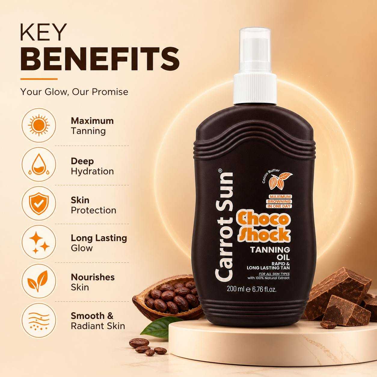 Carrot Sun Cocoa Butter Tanning Oil 200ml bottle, fast bronzing sun oil for deep tan and smooth skin finish