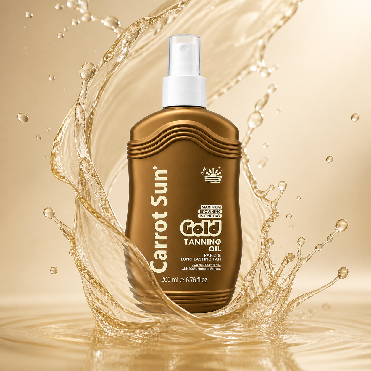 Carrot Sun Gold Tanning Oil 200ml spray bottle for fast deep bronze tanning with lightweight nourishing oil formula