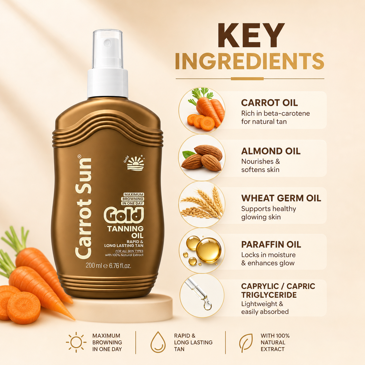 Carrot Sun Gold Tanning Oil 200ml spray bottle for fast deep bronze tanning with lightweight nourishing oil formula