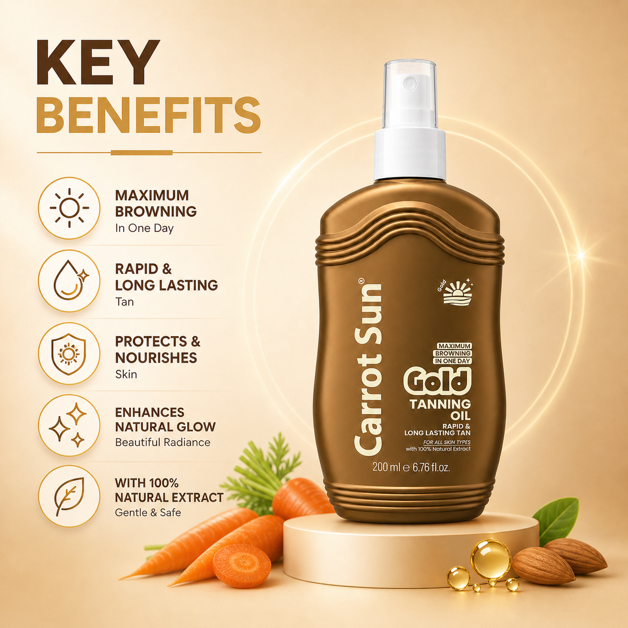Carrot Sun Gold Tanning Oil 200ml spray bottle for fast deep bronze tanning with lightweight nourishing oil formula