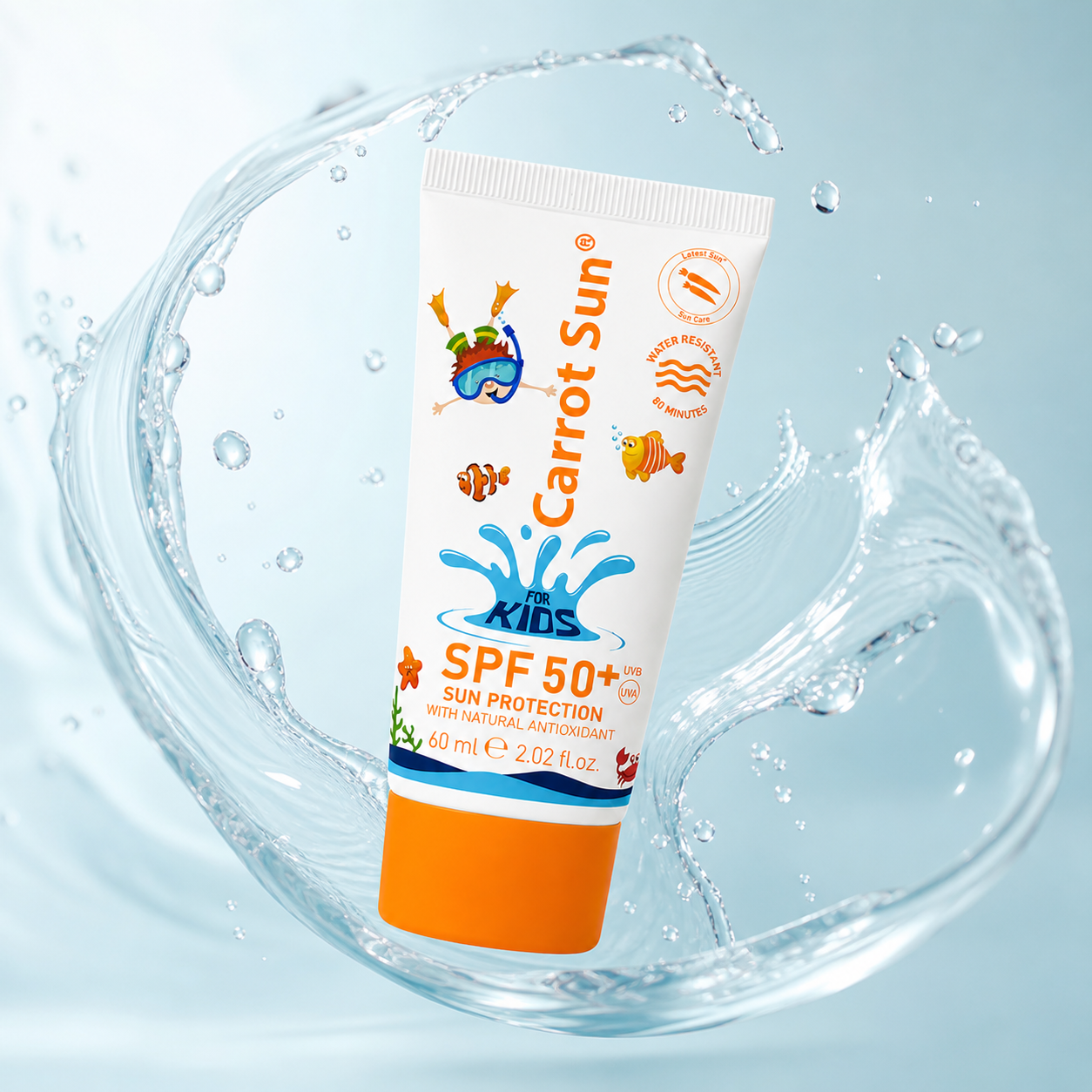 Carrot Sun Kids SPF 50+ Sunscreen Cream 60ml tube providing water resistant UV protection for sensitive children skin