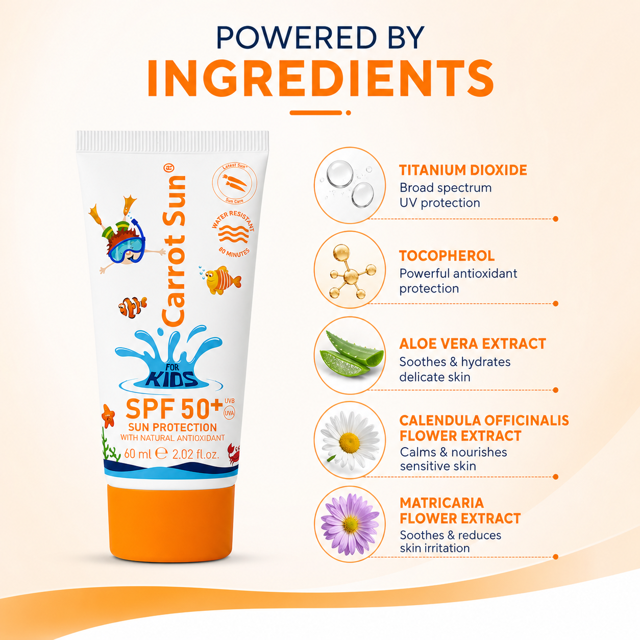 Carrot Sun Kids SPF 50+ Sunscreen Cream 60ml tube providing water resistant UV protection for sensitive children skin