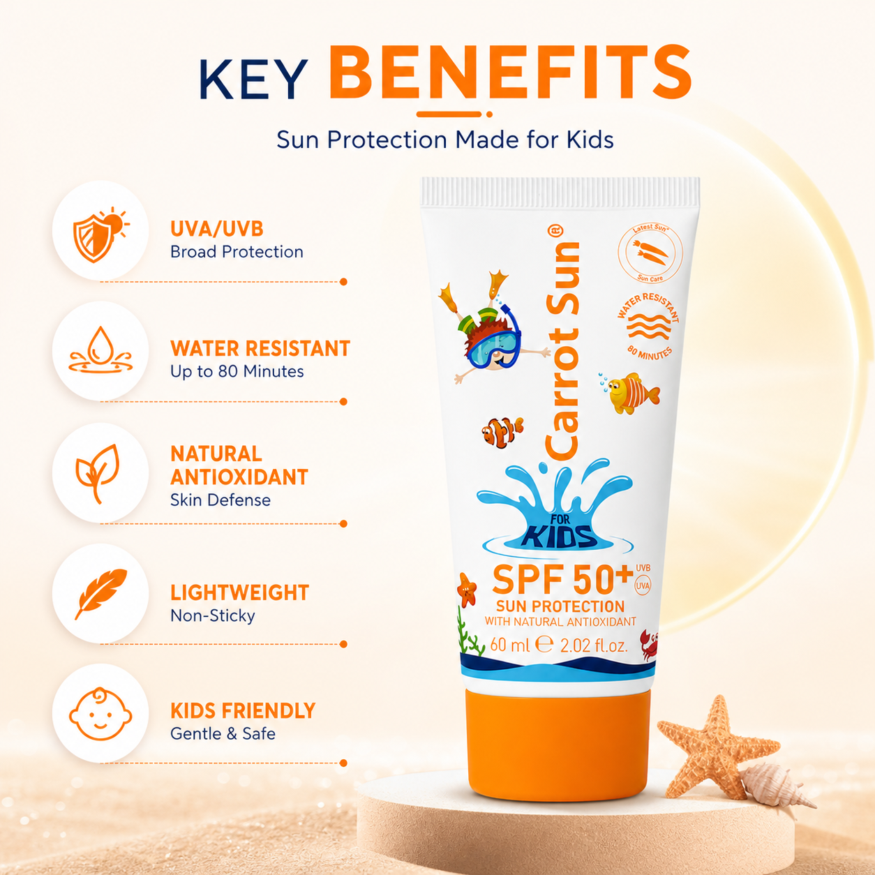 Carrot Sun Kids SPF 50+ Sunscreen Cream 60ml tube providing water resistant UV protection for sensitive children skin