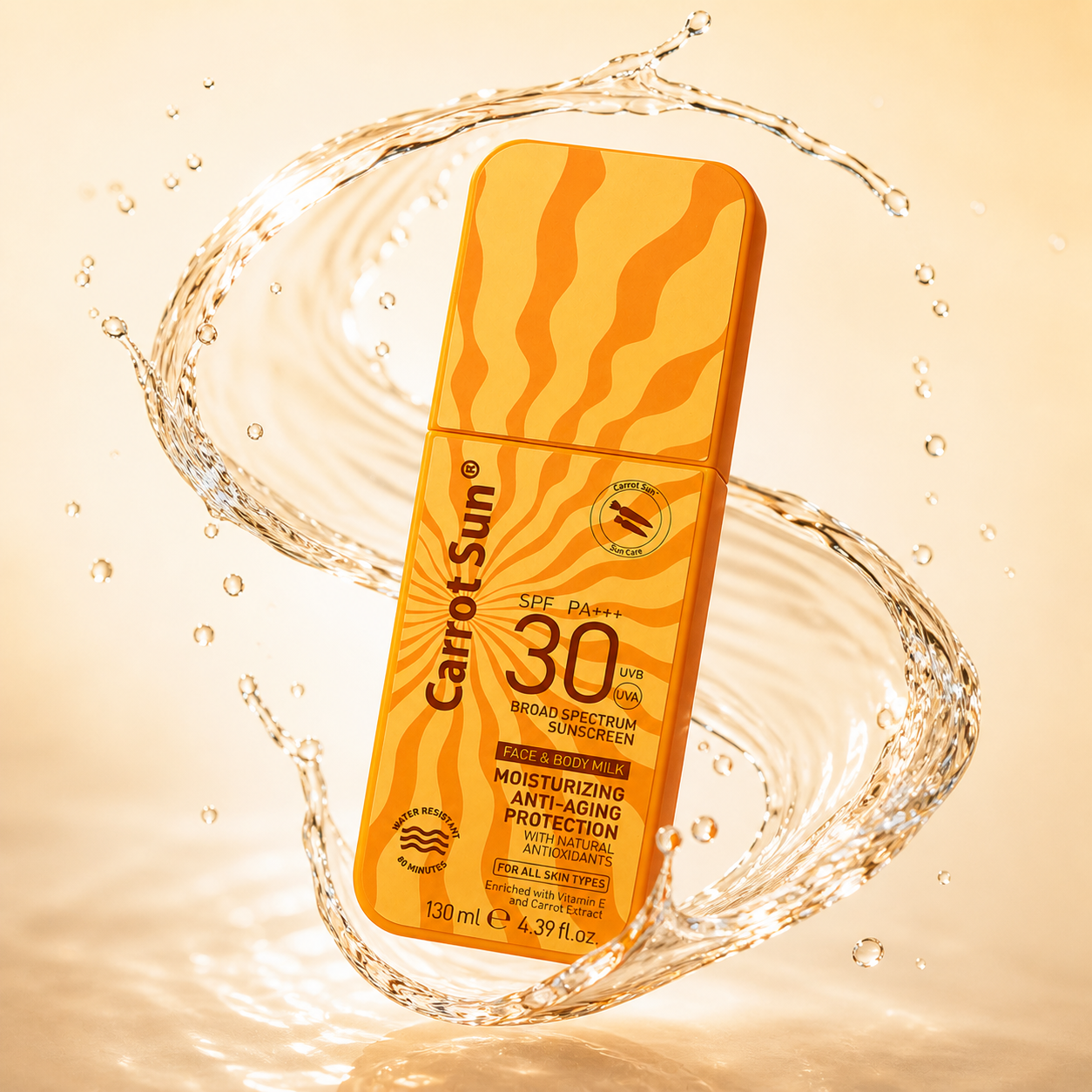 Carrot Sun SPF 30 PA+++ Broad Spectrum Sunscreen face and body milk 130ml bottle with moisturizing anti-aging UV protection