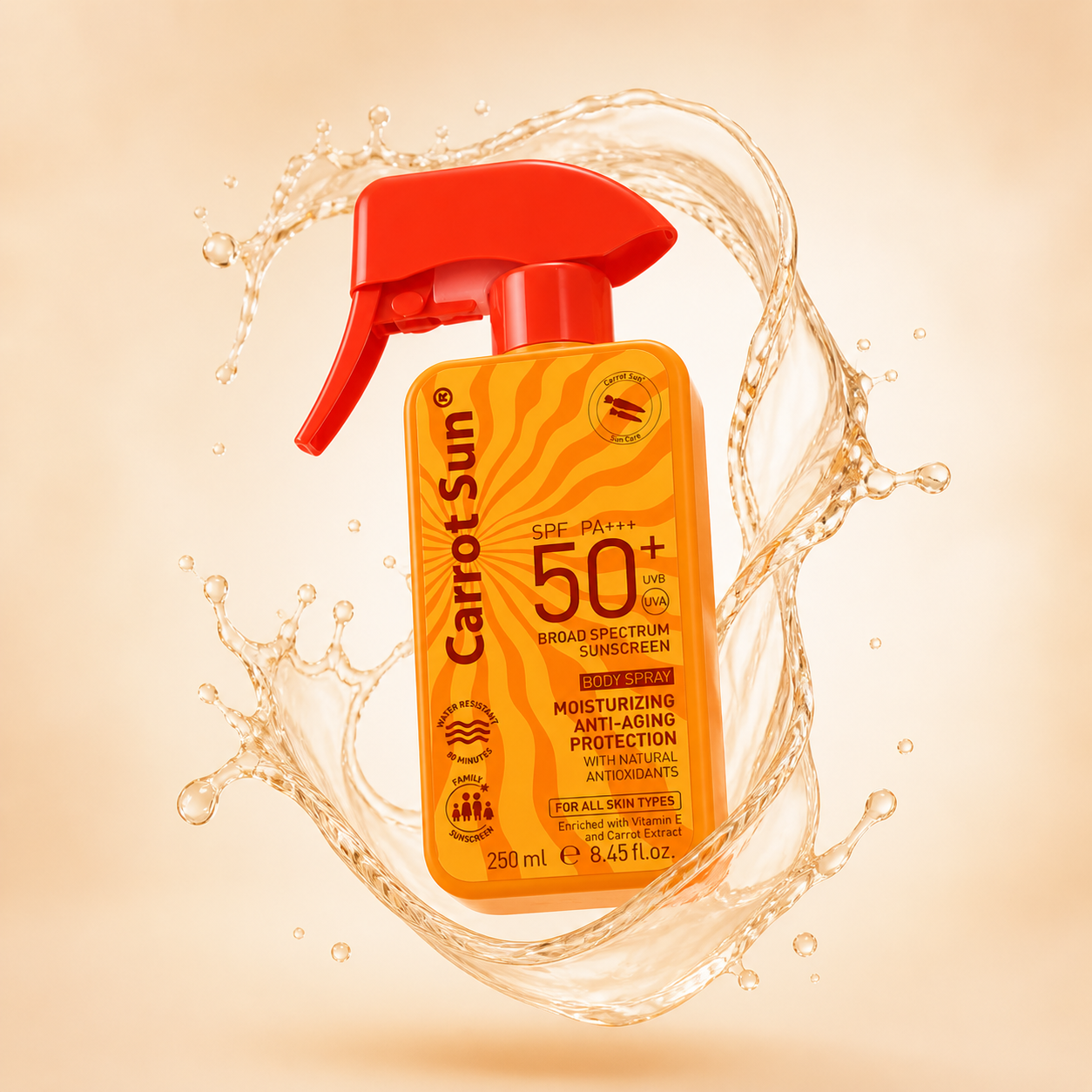 Carrot Sun SPF 50+ PA+++ Broad Spectrum Sunscreen Body Spray 250ml with lightweight UV protection and moisturizing formula