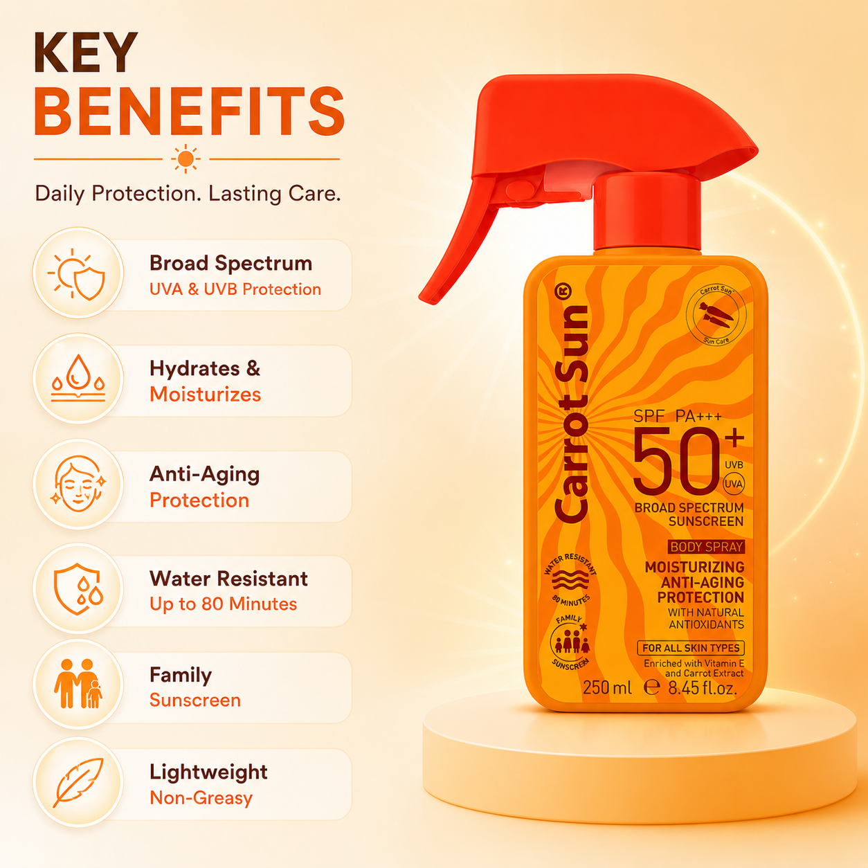 Carrot Sun SPF 50+ PA+++ Broad Spectrum Sunscreen Body Spray 250ml with lightweight UV protection and moisturizing formula