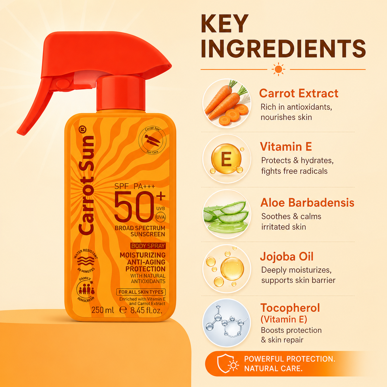 Carrot Sun SPF 50+ PA+++ Broad Spectrum Sunscreen Body Spray 250ml with lightweight UV protection and moisturizing formula